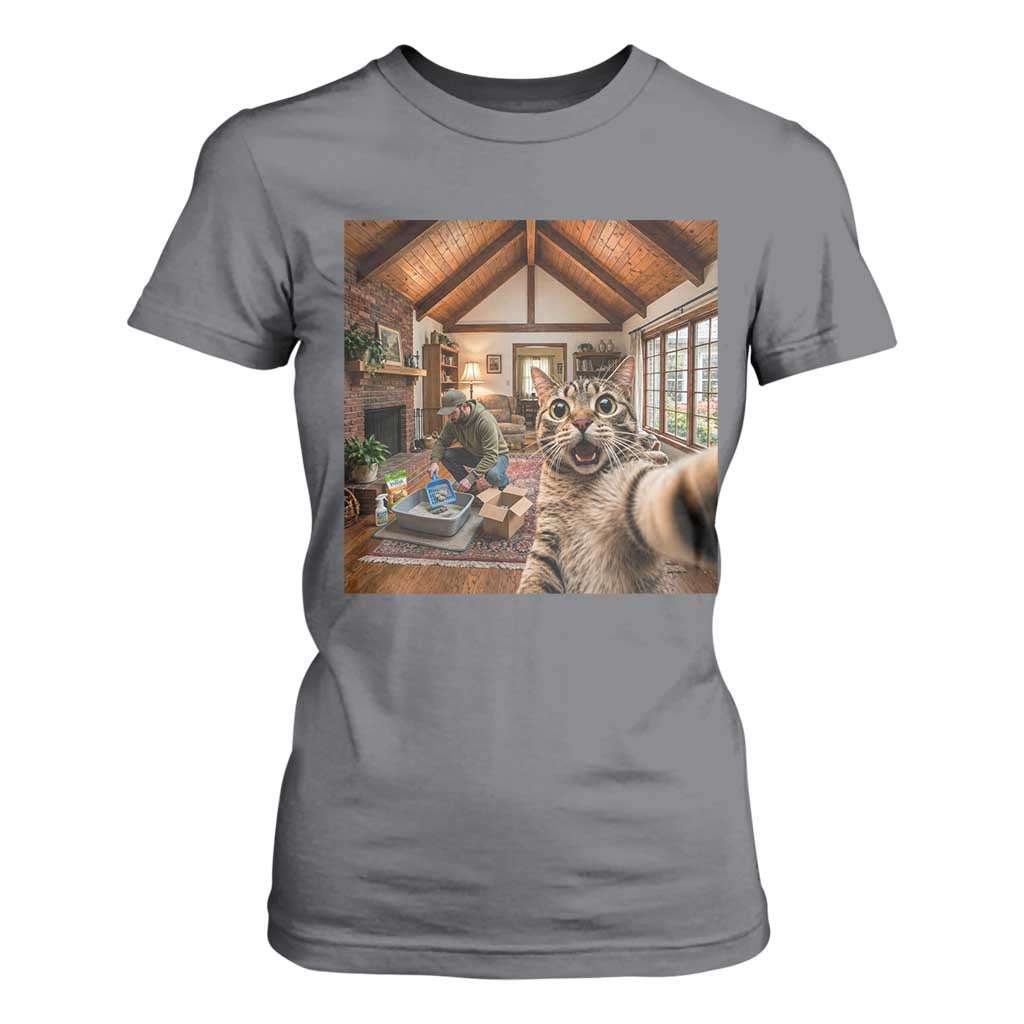 Cat Selfie with Man Funny Cat Dad T Shirt For Women TS11 Charcoal Print Your Wear