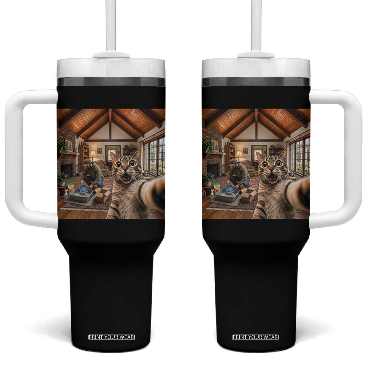 Cat Selfie with Man Funny Cat Dad Tumbler With Handle TS11 One Size: 40 oz Black Print Your Wear