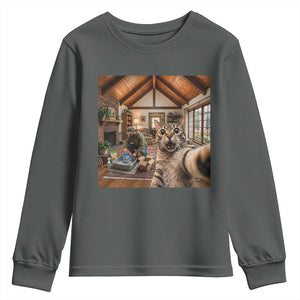 Cat Selfie with Man Funny Cat Dad Youth Sweatshirt TS11 Dark Heather Print Your Wear