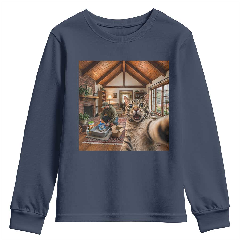 Cat Selfie with Man Funny Cat Dad Youth Sweatshirt TS11 Navy Print Your Wear