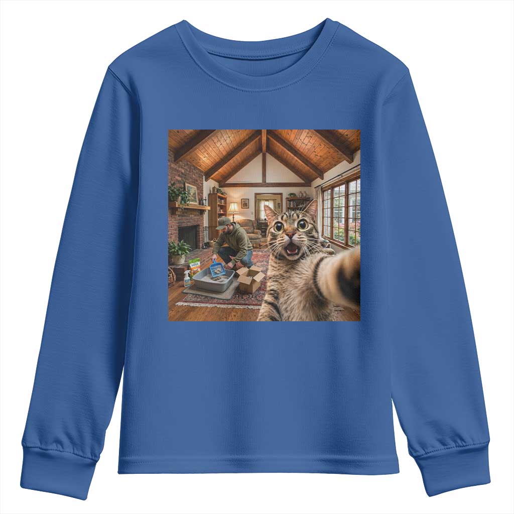 Cat Selfie with Man Funny Cat Dad Youth Sweatshirt TS11 Royal Blue Print Your Wear