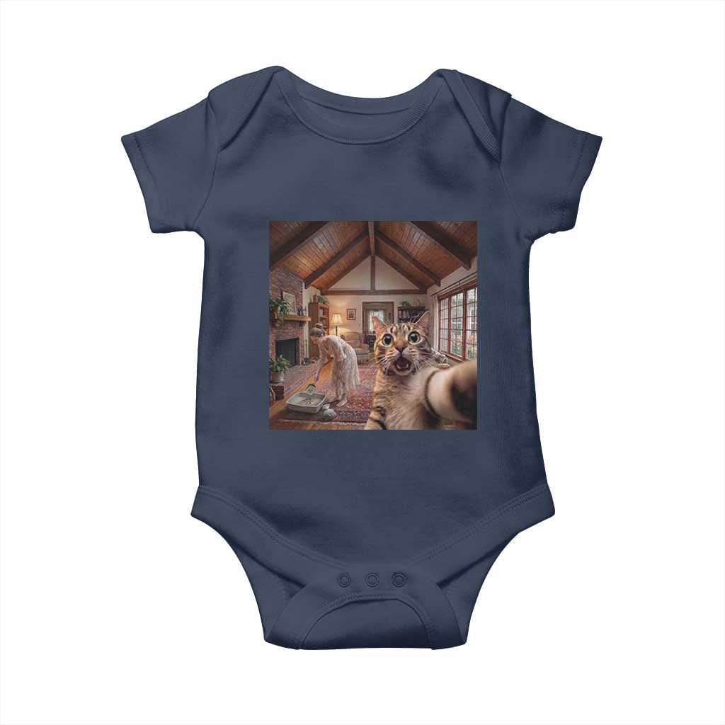 Cat Selfie with Woman Funny Cat Mom Baby Onesie TS11 Navy Print Your Wear