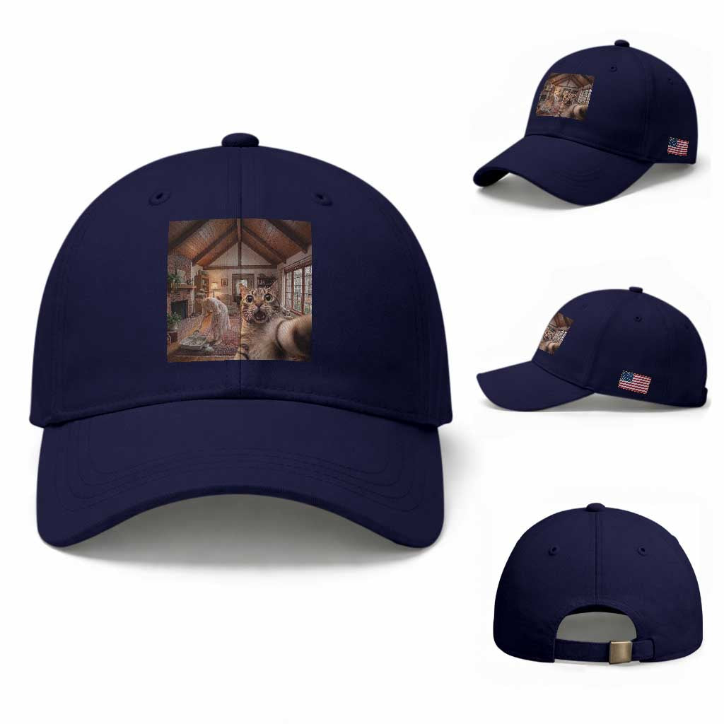 Cat Selfie with Woman Funny Cat Mom Baseball Cap TS11 Baseball Cap Universal Fit Dark Blue Print Your Wear