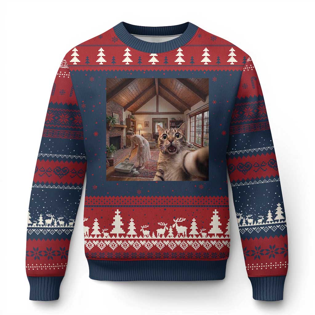 Cat Selfie with Woman Funny Cat Mom Ugly Christmas Sweater TS11 Navy Red Print Your Wear