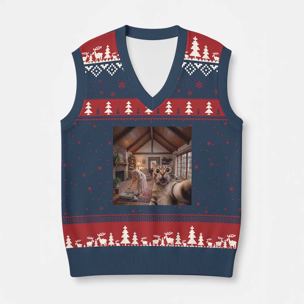 Cat Selfie with Woman Funny Cat Mom V-Neck Knit Sweater Vest TS11 Navy Red Print Your Wear