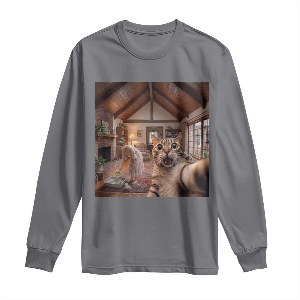 Cat Selfie with Woman Funny Cat Mom Long Sleeve Shirt TS11 Charcoal Print Your Wear