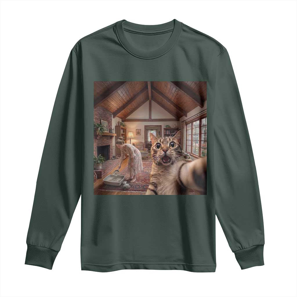 Cat Selfie with Woman Funny Cat Mom Long Sleeve Shirt TS11 Dark Forest Green Print Your Wear