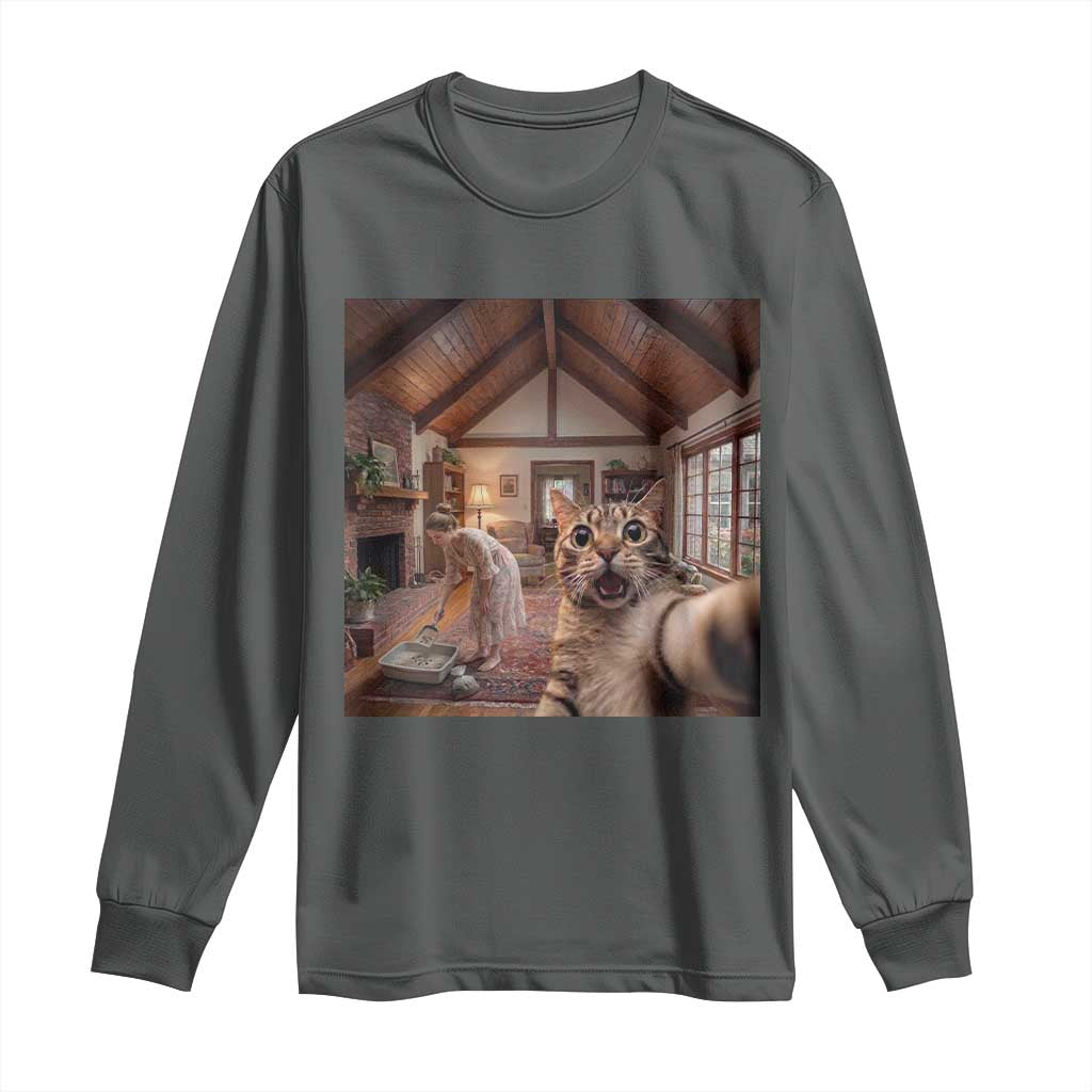 Cat Selfie with Woman Funny Cat Mom Long Sleeve Shirt TS11 Dark Heather Print Your Wear