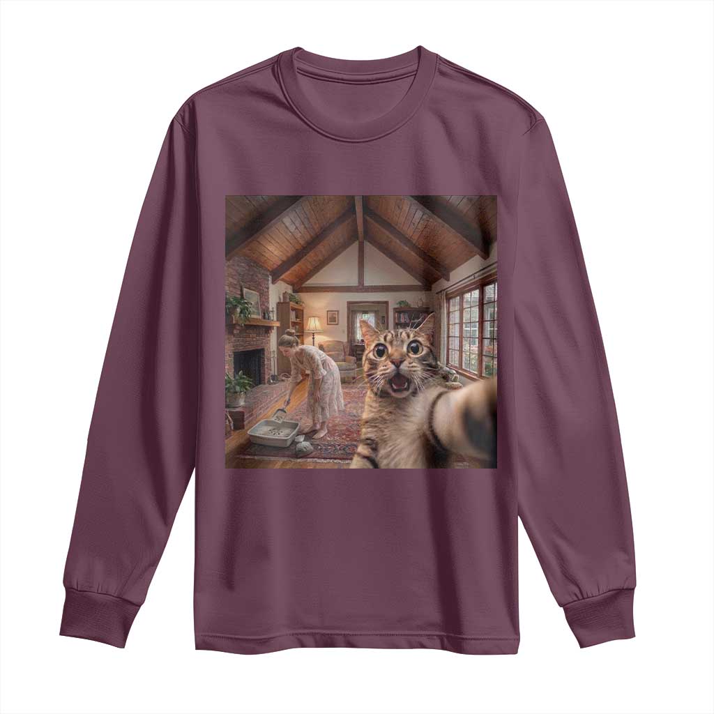 Cat Selfie with Woman Funny Cat Mom Long Sleeve Shirt TS11 Maroon Print Your Wear
