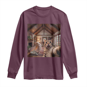 Cat Selfie with Woman Funny Cat Mom Long Sleeve Shirt TS11 Maroon Print Your Wear