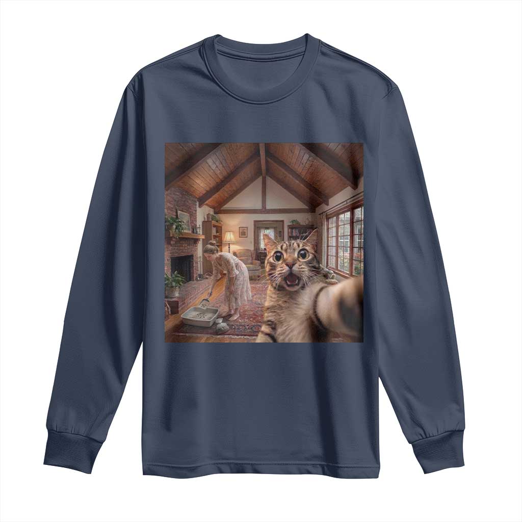 Cat Selfie with Woman Funny Cat Mom Long Sleeve Shirt TS11 Navy Print Your Wear
