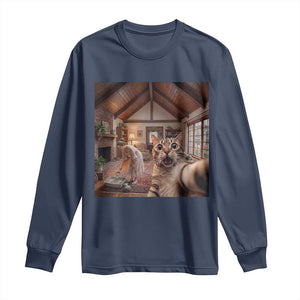 Cat Selfie with Woman Funny Cat Mom Long Sleeve Shirt TS11 Navy Print Your Wear