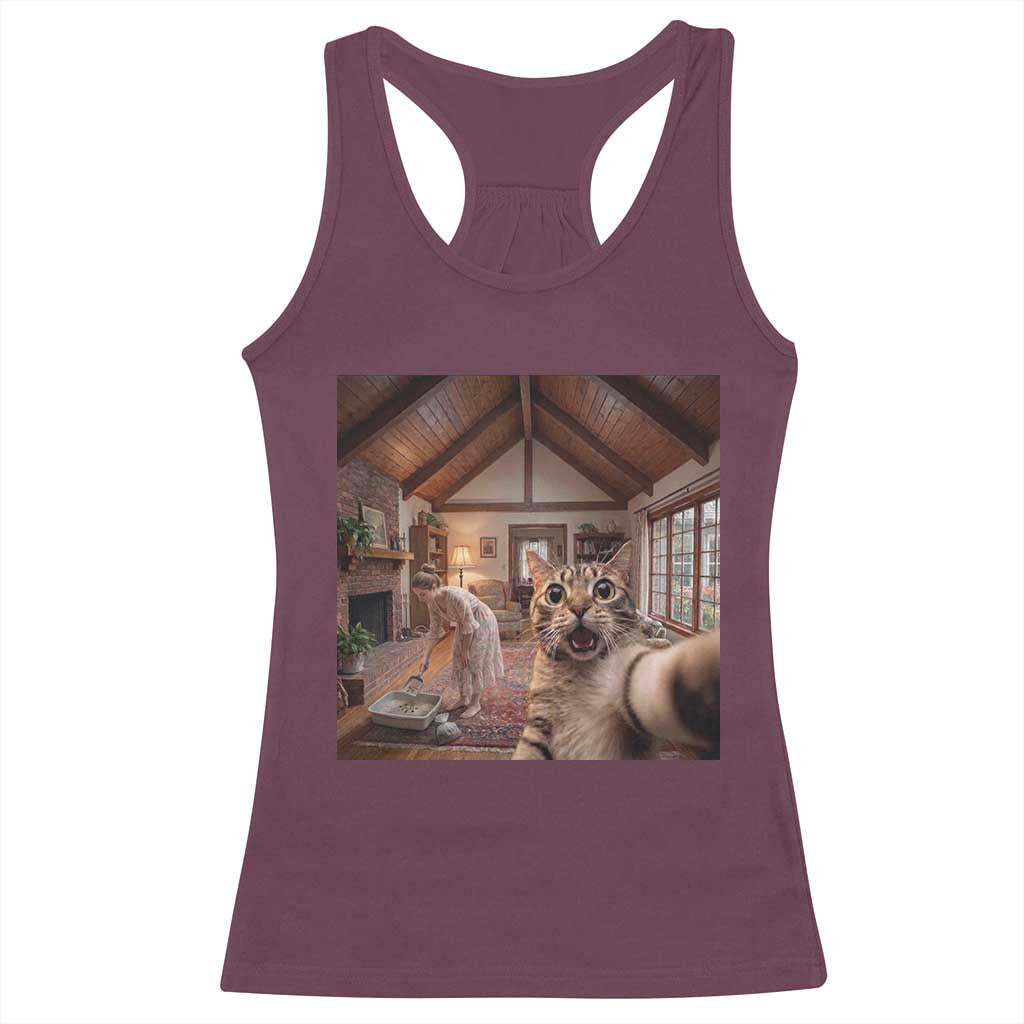 Cat Selfie with Woman Funny Cat Mom Racerback Tank Top TS11 Maroon Print Your Wear
