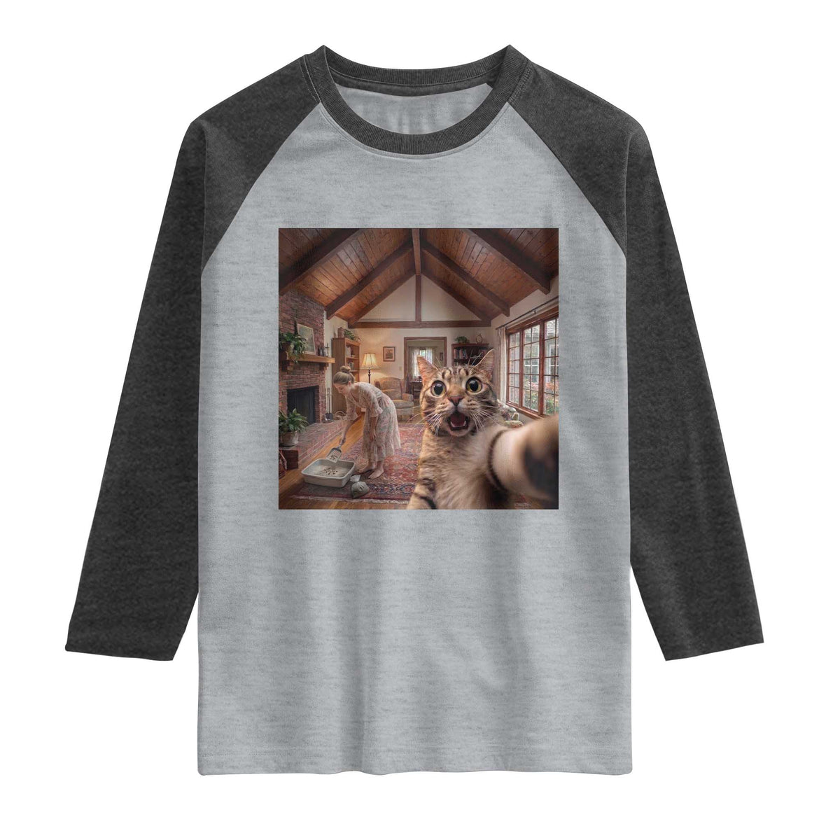 Cat Selfie with Woman Funny Cat Mom Raglan Shirt TS11 Heather Gray Heather Charcoal Print Your Wear