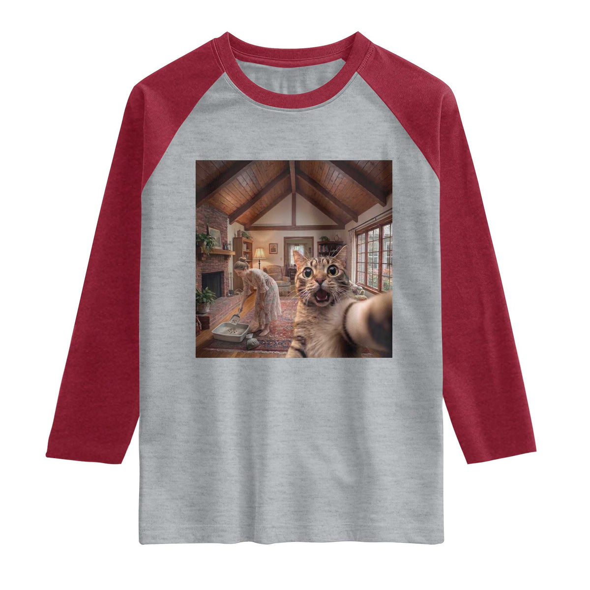 Cat Selfie with Woman Funny Cat Mom Raglan Shirt TS11 Heather Gray Heather Red Print Your Wear
