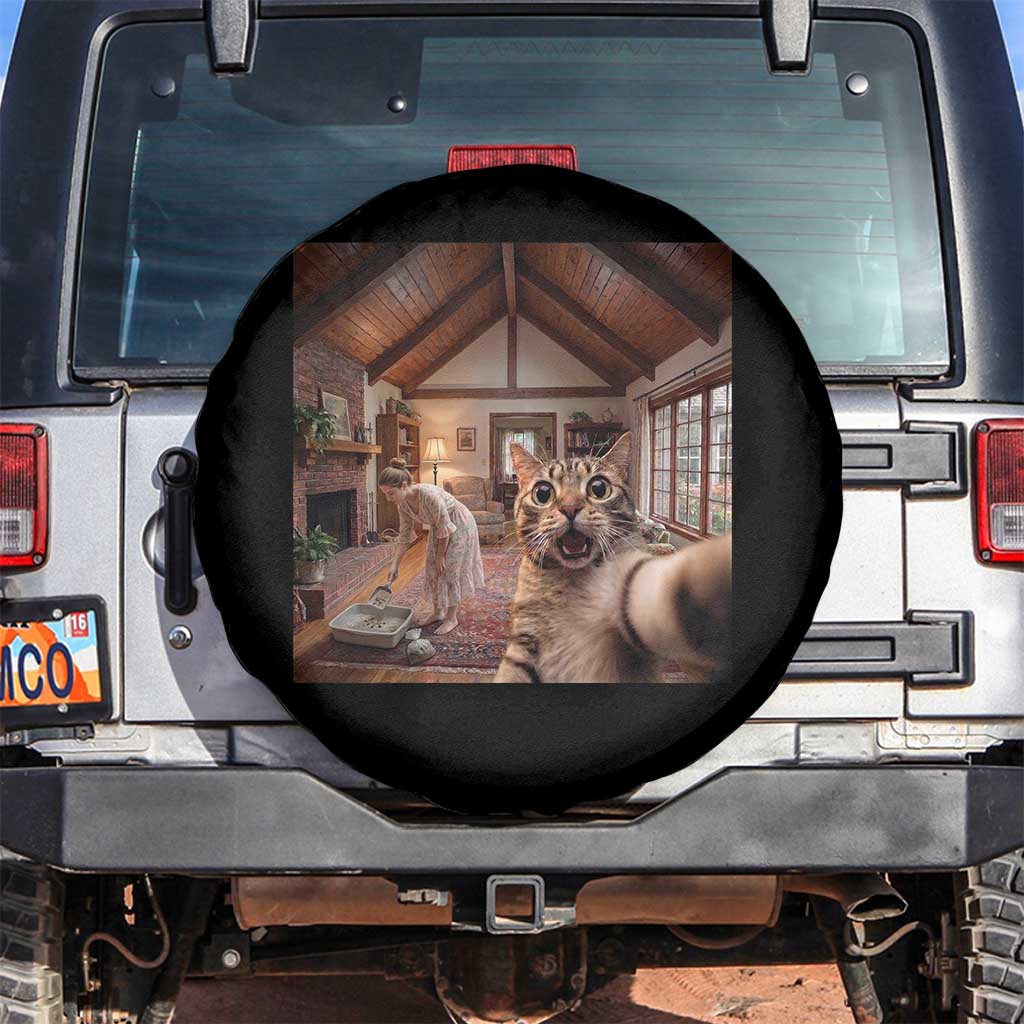 Cat Selfie with Woman Funny Cat Mom Spare Tire Cover TS11 No hole Black Print Your Wear