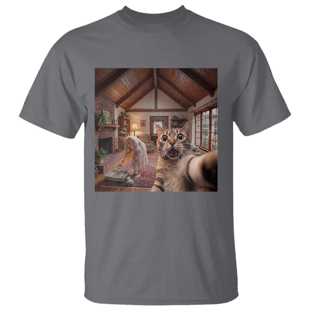 Cat Selfie with Woman Funny Cat Mom T Shirt TS11 Charcoal Print Your Wear