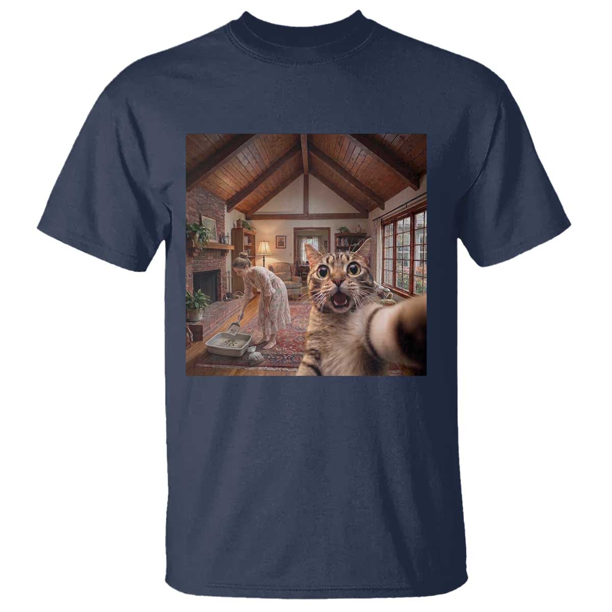 Cat Selfie with Woman Funny Cat Mom T Shirt TS11 Navy Print Your Wear