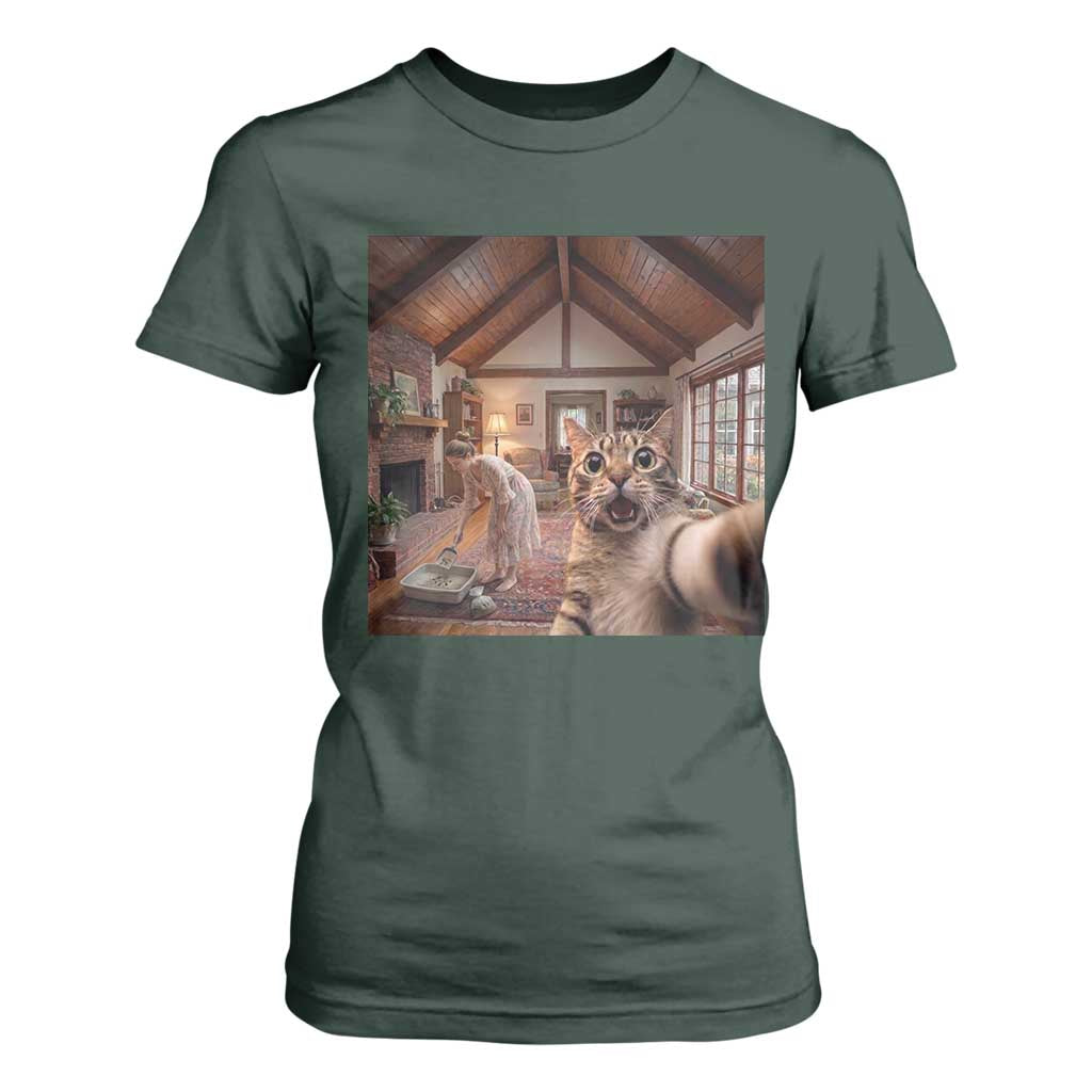 Cat Selfie with Woman Funny Cat Mom T Shirt For Women TS11 Dark Forest Green Print Your Wear