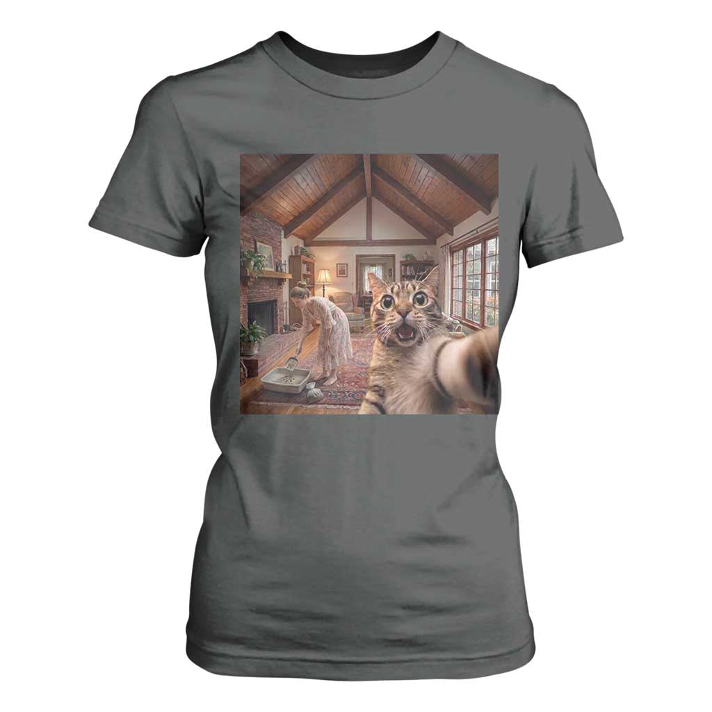 Cat Selfie with Woman Funny Cat Mom T Shirt For Women TS11 Dark Heather Print Your Wear