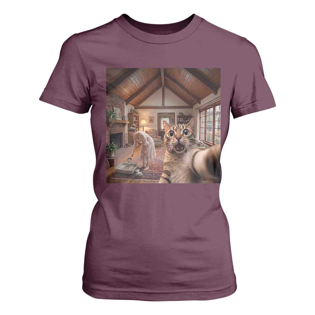 Cat Selfie with Woman Funny Cat Mom T Shirt For Women TS11 Maroon Print Your Wear