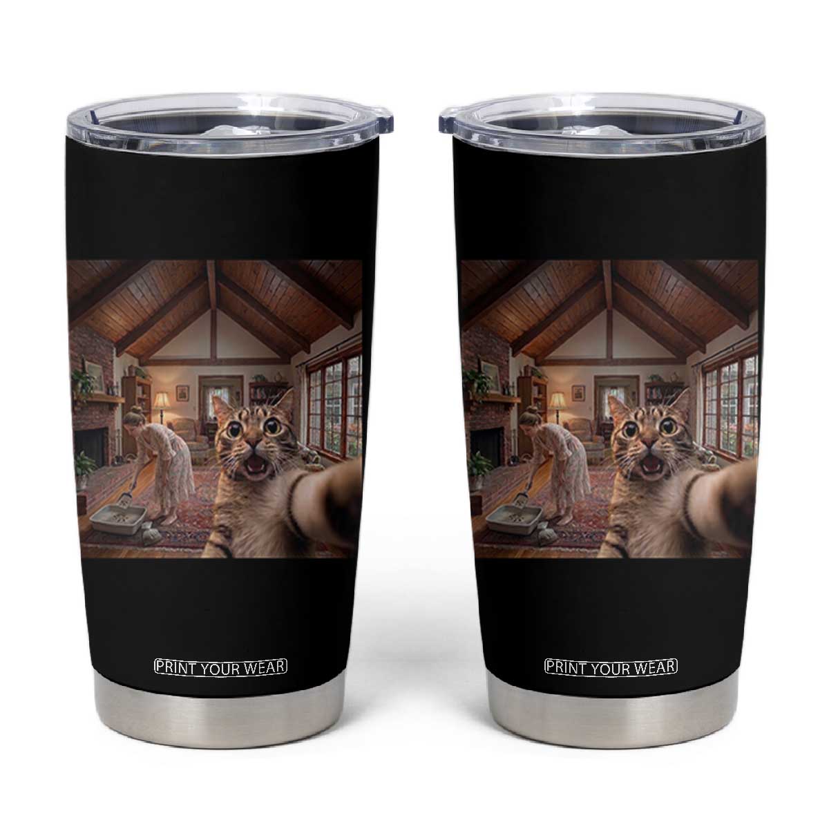 Cat Selfie with Woman Funny Cat Mom Tumbler Cup TS11 Black Print Your Wear