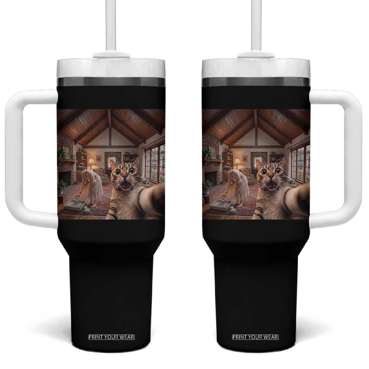 Cat Selfie with Woman Funny Cat Mom Tumbler With Handle TS11 One Size: 40 oz Black Print Your Wear