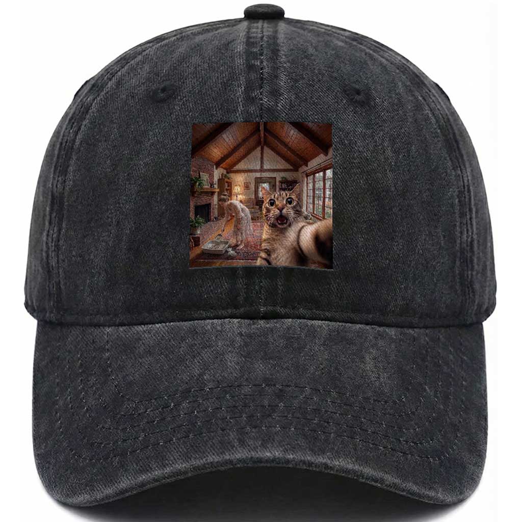 Cat Selfie with Woman Funny Cat Mom Washed Cotton Baseball Cap TS11 Print Your Wear