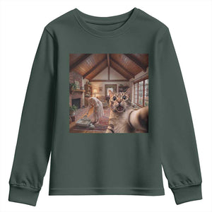 Cat Selfie with Woman Funny Cat Mom Youth Sweatshirt TS11 Dark Forest Green Print Your Wear