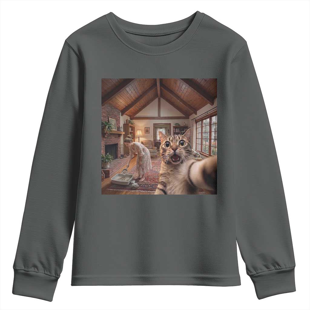 Cat Selfie with Woman Funny Cat Mom Youth Sweatshirt TS11 Dark Heather Print Your Wear