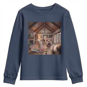 Cat Selfie with Woman Funny Cat Mom Youth Sweatshirt TS11 Navy Print Your Wear