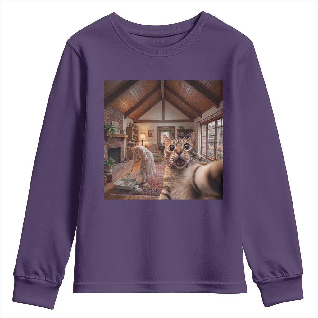 Cat Selfie with Woman Funny Cat Mom Youth Sweatshirt TS11 Purple Print Your Wear