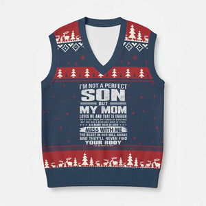 I Am Not A Perfect Son But My Mom Loves Me And That Is Enough V-Neck Knit Sweater Vest Boy Mom Mother's Day Gifts TS11 Navy Red Print Your Wear