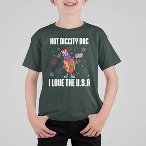 Funny Fourth Of July T Shirt For Kid Hot Diggity Dog I Love USA TS11 Dark Forest Green Print Your Wear