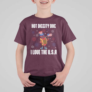 Funny Fourth Of July T Shirt For Kid Hot Diggity Dog I Love USA TS11 Maroon Print Your Wear