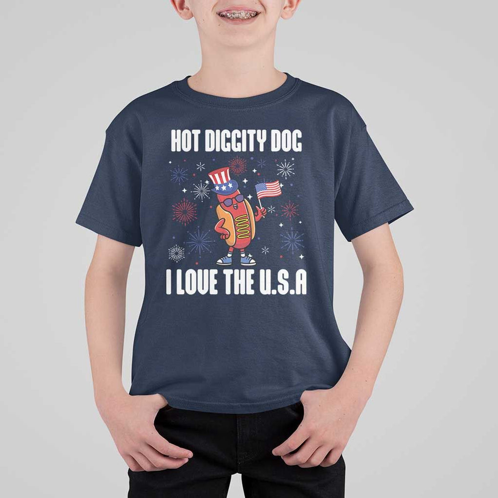 Funny Fourth Of July T Shirt For Kid Hot Diggity Dog I Love USA TS11 Navy Print Your Wear