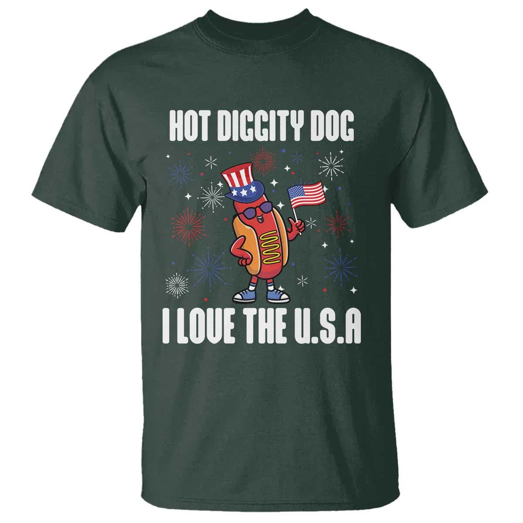 Funny Fourth Of July T Shirt Hot Diggity Dog I Love USA TS11 Dark Forest Green Print Your Wear