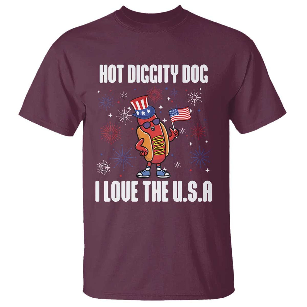 Funny Fourth Of July T Shirt Hot Diggity Dog I Love USA TS11 Maroon Print Your Wear