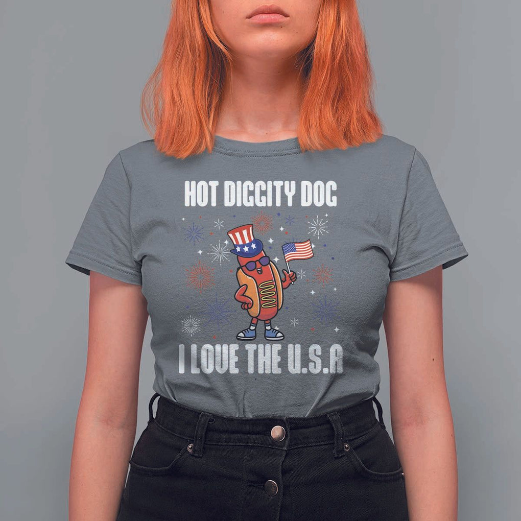 Funny Fourth Of July T Shirt For Women Hot Diggity Dog I Love USA TS11 Charcoal Print Your Wear