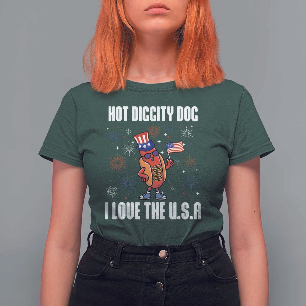 Funny Fourth Of July T Shirt For Women Hot Diggity Dog I Love USA TS11 Dark Forest Green Print Your Wear