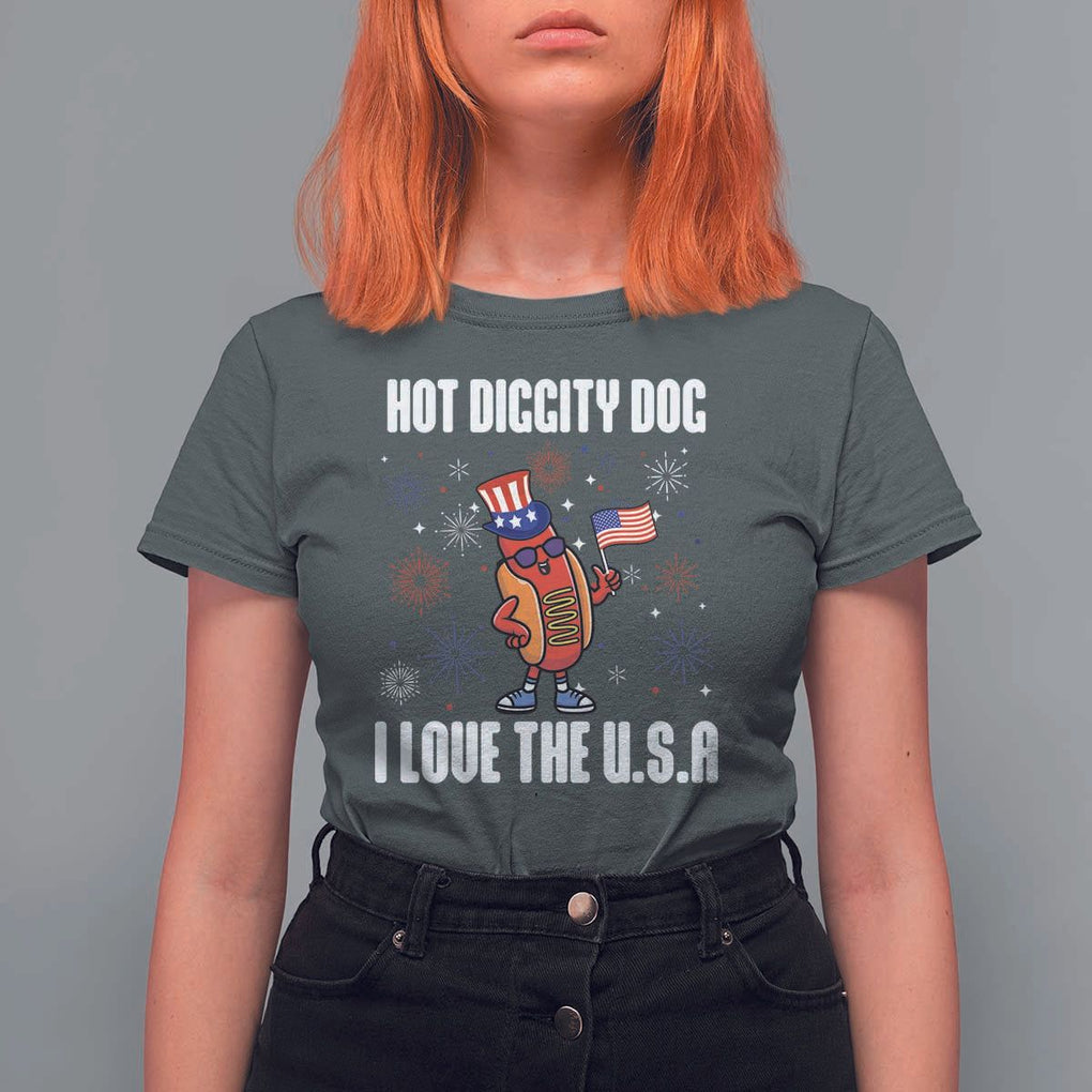 Funny Fourth Of July T Shirt For Women Hot Diggity Dog I Love USA TS11 Dark Heather Print Your Wear