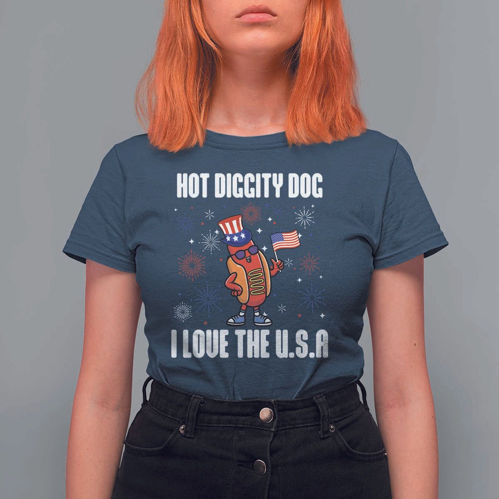 Funny Fourth Of July T Shirt For Women Hot Diggity Dog I Love USA TS11 Navy Print Your Wear