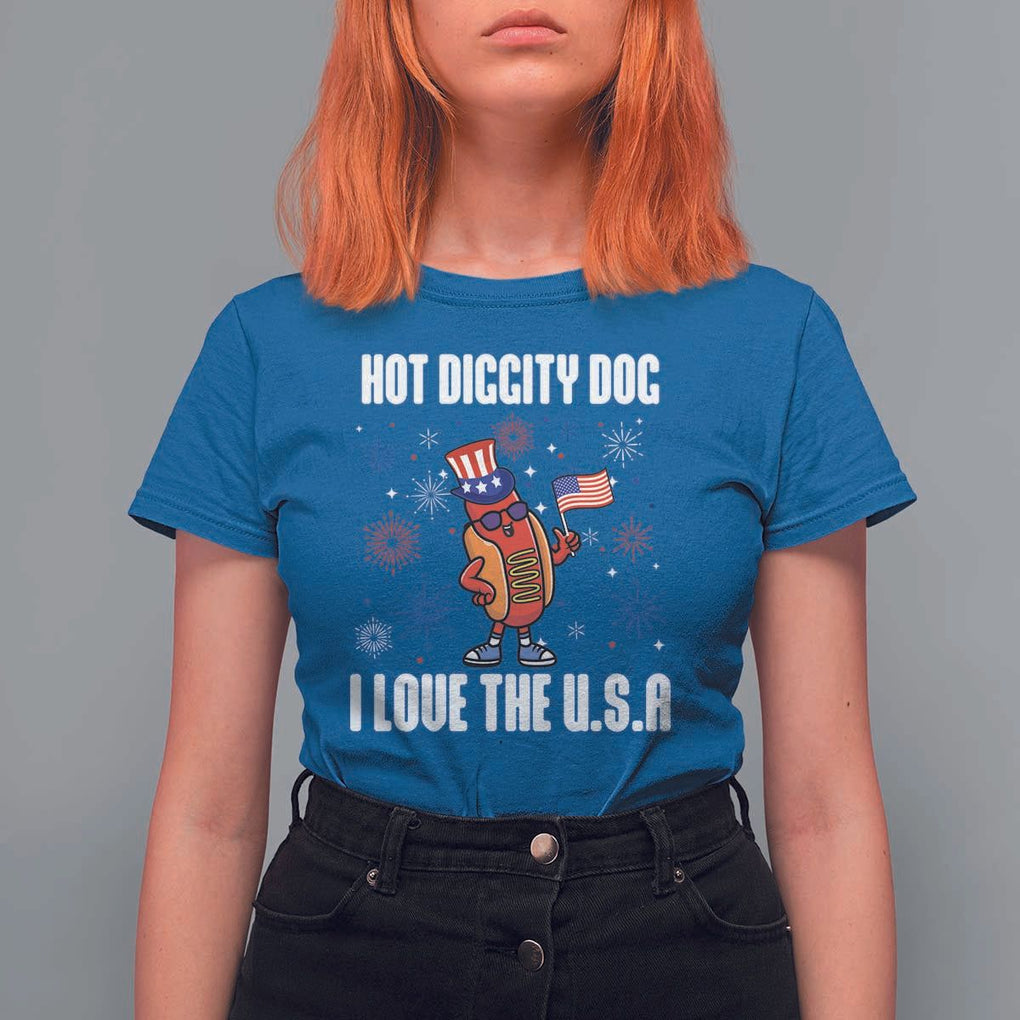 Funny Fourth Of July T Shirt For Women Hot Diggity Dog I Love USA TS11 Royal Blue Print Your Wear