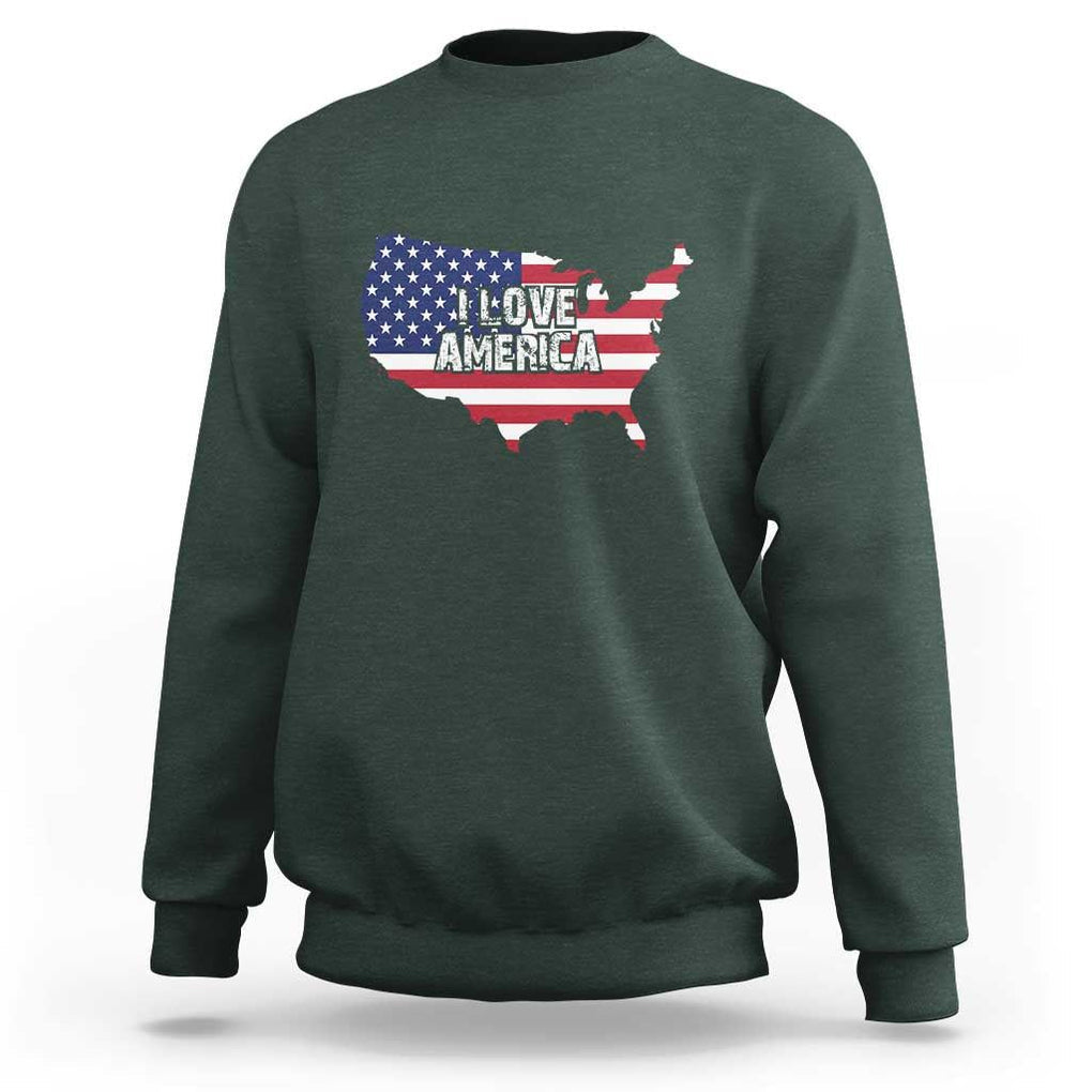 Fourth Of July Sweatshirt I Love America USA Flag Map TS11 Dark Forest Green Print Your Wear