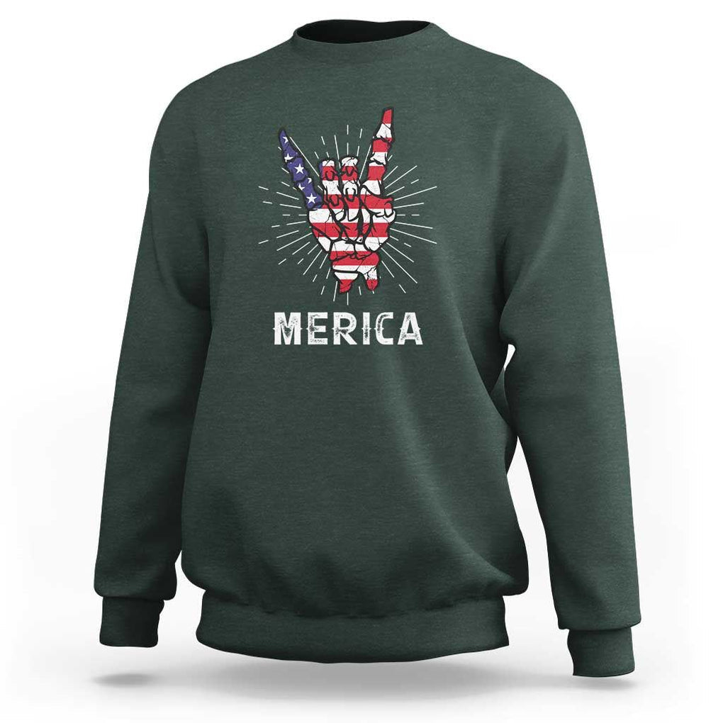 Rockin 4th Of July Sweatshirt Skeleton Hand American Flag Patriotic Day TS11 Dark Forest Green Print Your Wear