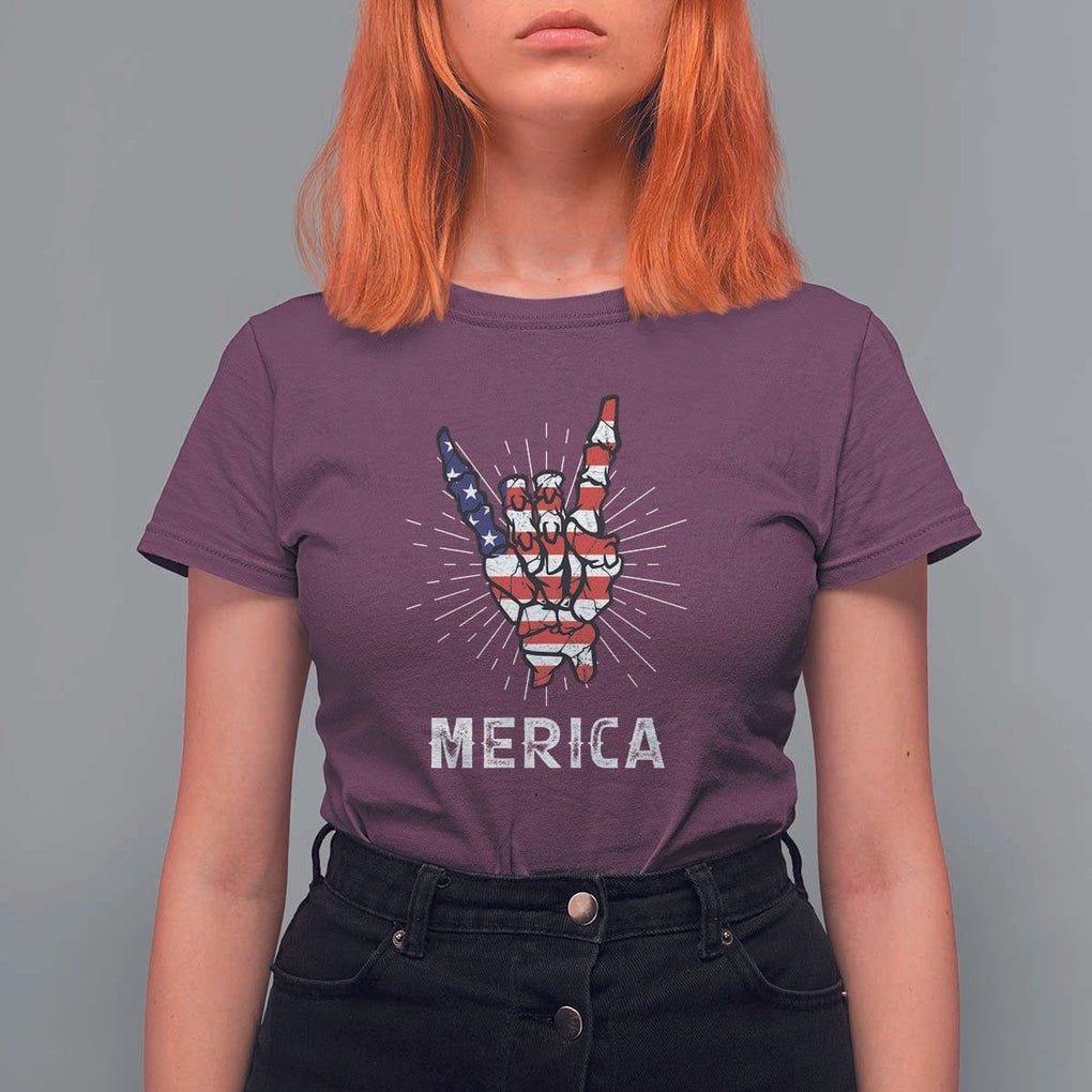 Rockin 4th Of July T Shirt For Women Skeleton Hand American Flag Patriotic Day TS11 Maroon Print Your Wear