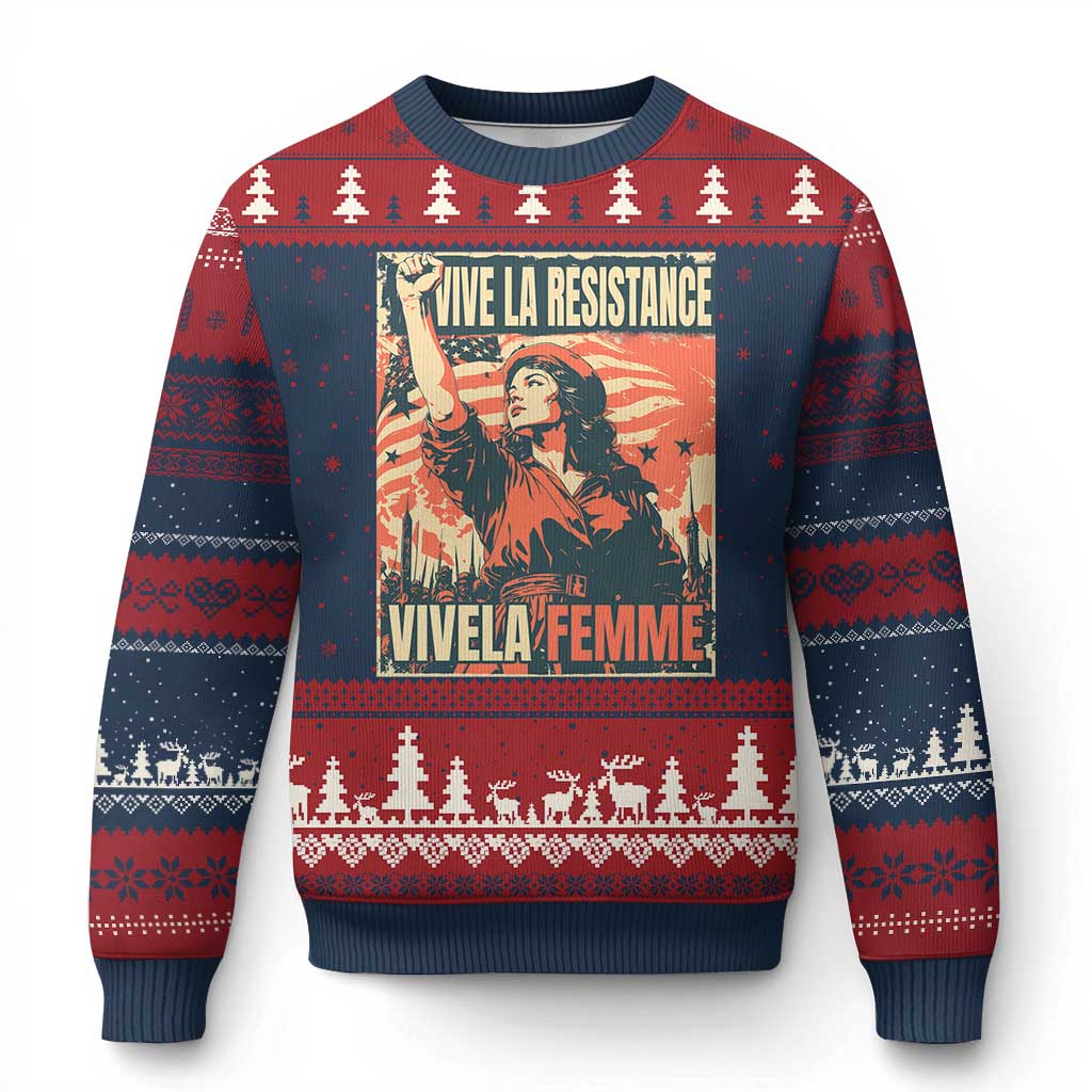 Vive La Resistance Vivela Femme Ugly Christmas Sweater Feminist Women's Right Political Sattire TS11 Navy Red Print Your Wear
