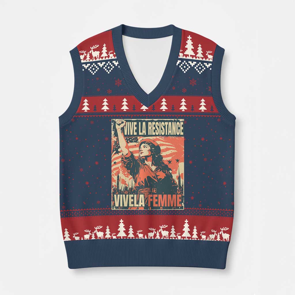 Vive La Resistance Vivela Femme V-Neck Knit Sweater Vest Feminist Women's Right Political Sattire - Print Your Wear