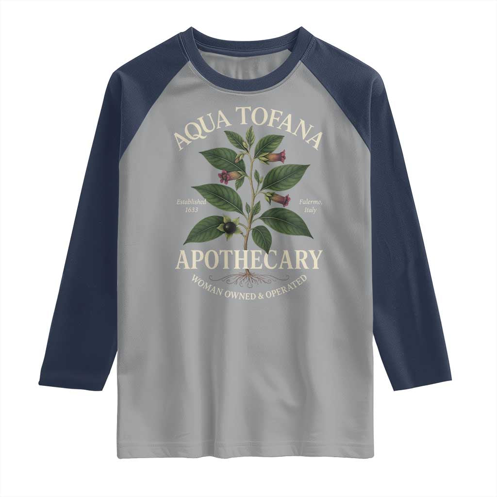 Aqua Tofana Apothecary Raglan Shirt Feminist Woman Owned And Operated TS11 Sport Gray Navy Print Your Wear