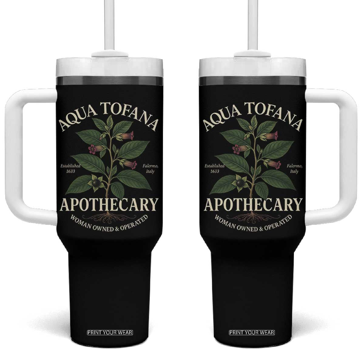 Aqua Tofana Apothecary Tumbler With Handle Feminist Woman Owned And Operated TS11 One Size: 40 oz Black Print Your Wear
